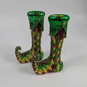 Elf Shoe Candlestick Holders 6.5" Christmas Holiday Decor Jester Mardi Gras Gold